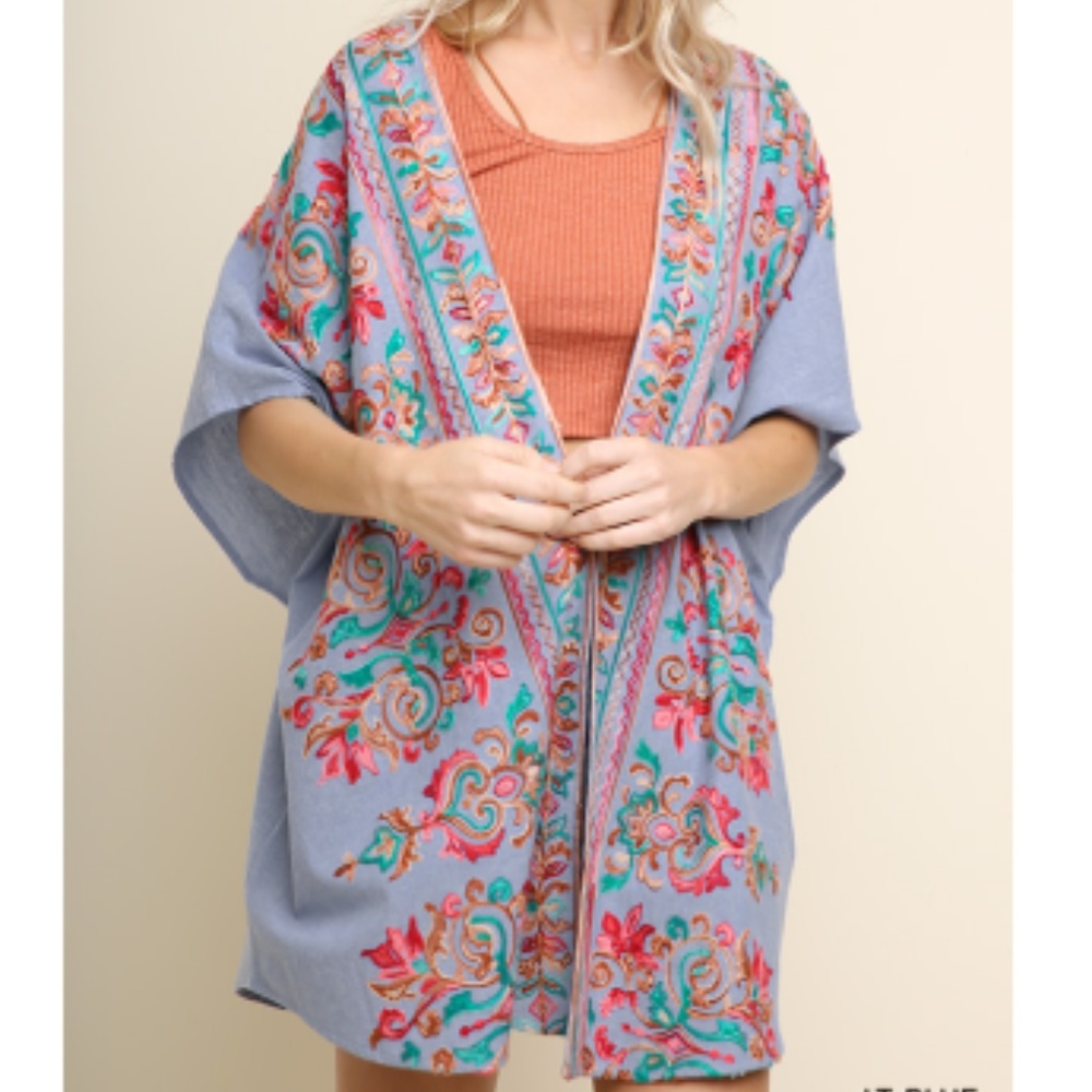 Umgee | Floral Embroidered Denim Open Front Kimono